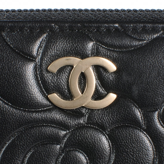 Chanel Lambskin Camellia Embossed Large Zip Around Gusset Wallet Black 5 of 9