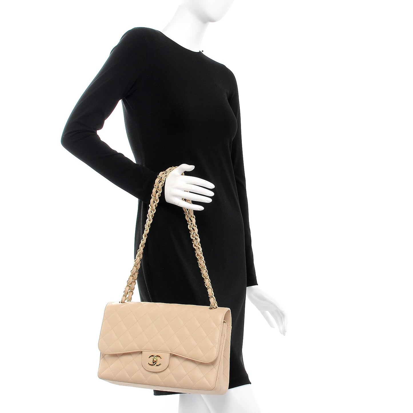 Caviar Quilted Jumbo Double Flap Beige