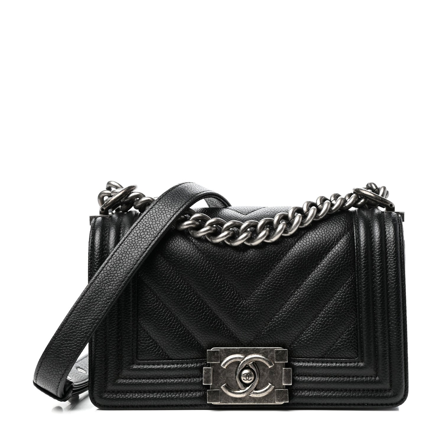Caviar Chevron Quilted Small Boy Flap Black