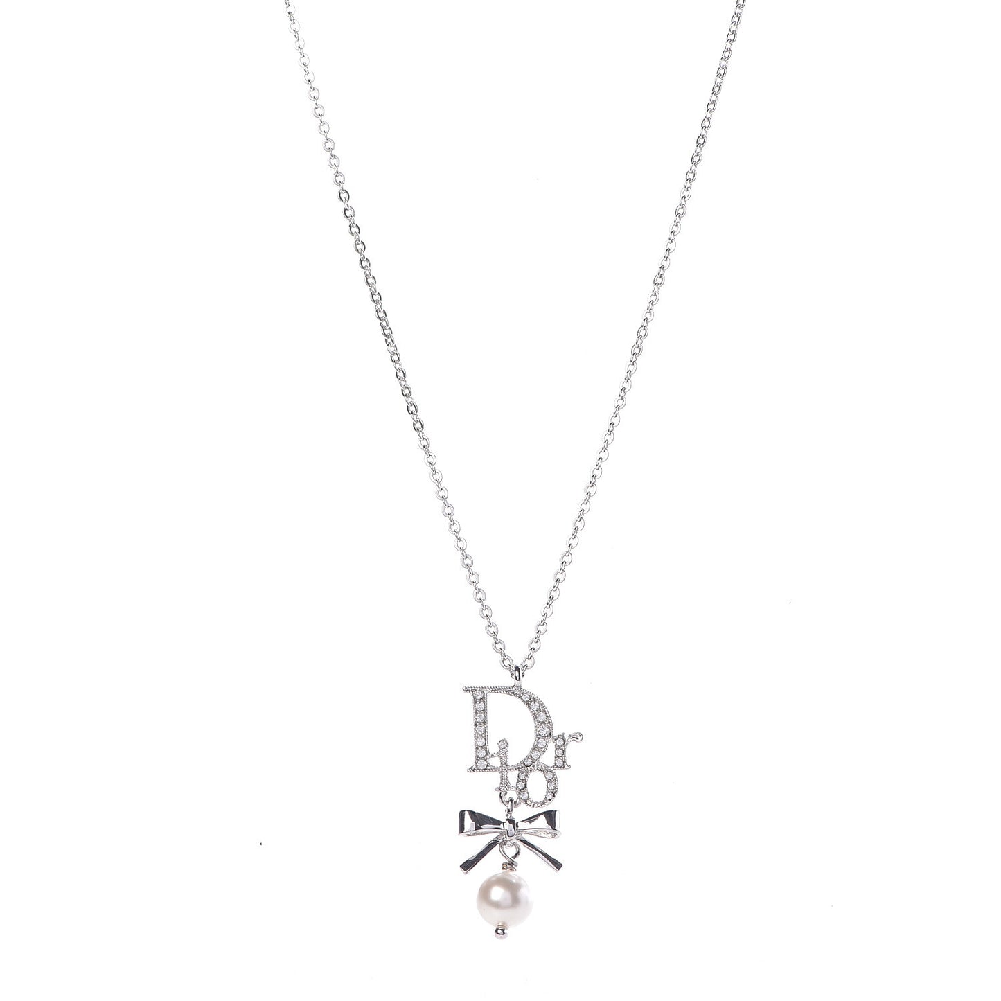 Crystal Pearl Dior Logo Necklace Silver