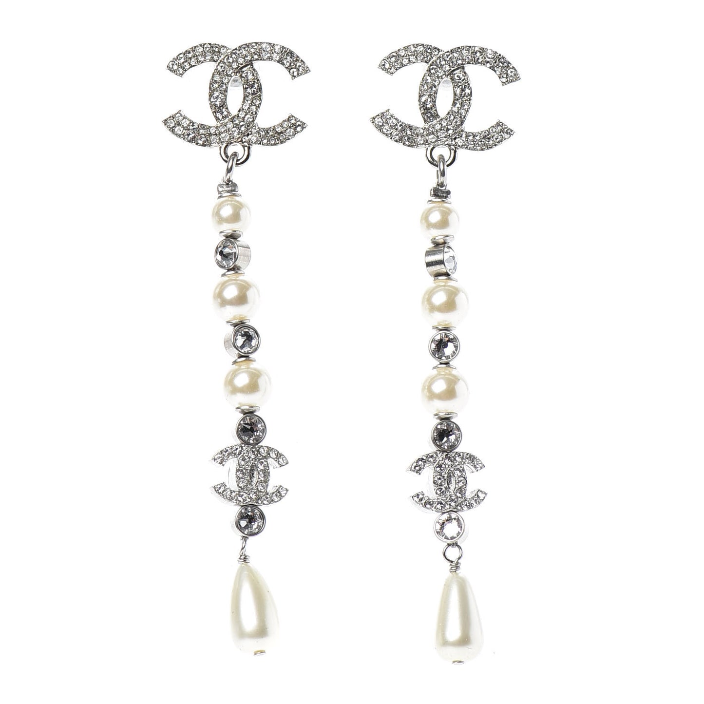 Crystal Pearl CC Drop Earring Silver