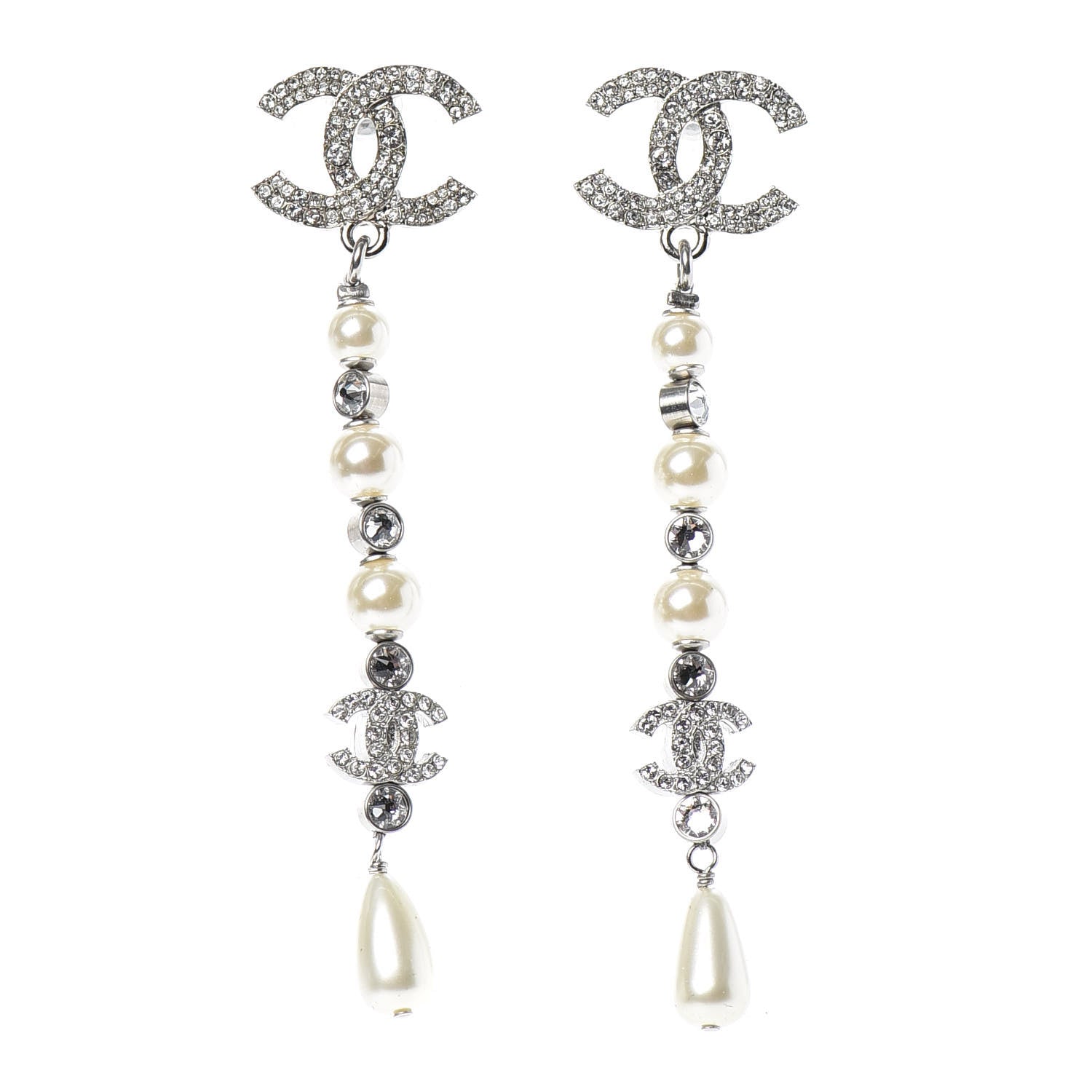 Chanel Crystal Pearl CC Drop Earring Silver 1 of 4