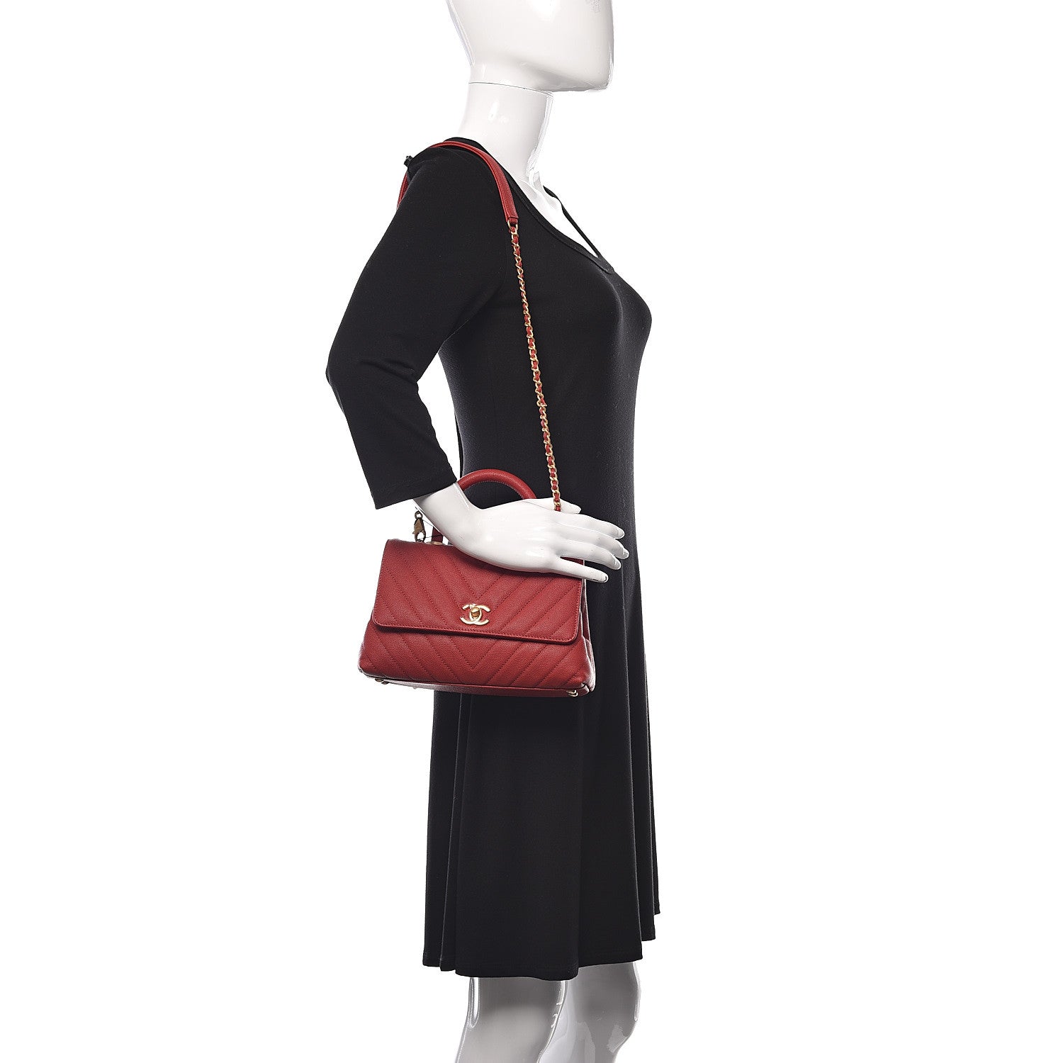 Chanel Caviar Chevron Quilted Mini Coco Handle Flap Red 2 of 10