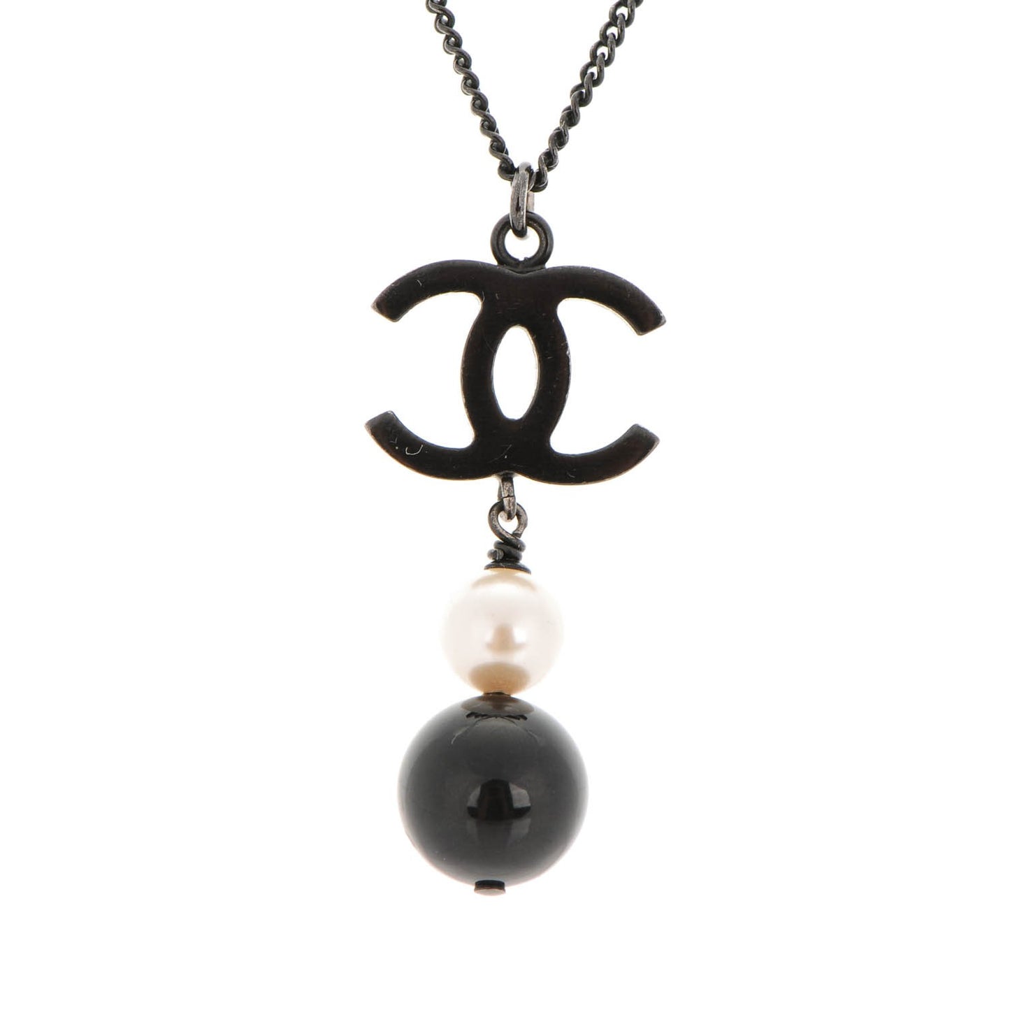 Ruthenium Pearl CC Drop Pendant Necklace Black