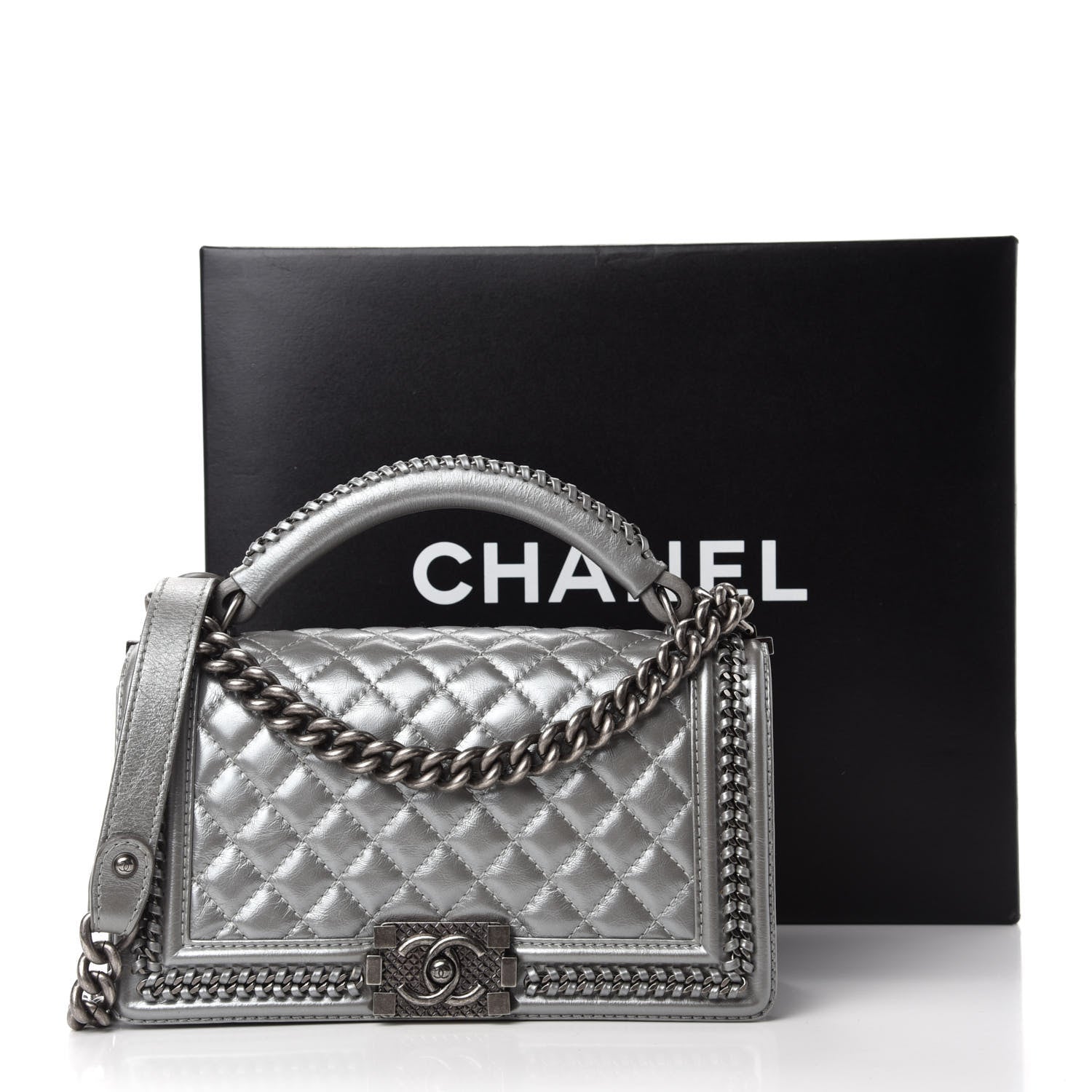 Chanel Metallic Aged Calfskin Quilted Medium Top Handle Boy Flap Silver 11 of 11