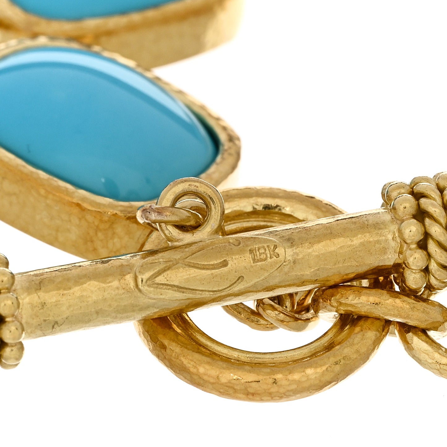 18K Yellow Gold Turquoise Link Hammered Toggle Bracelet