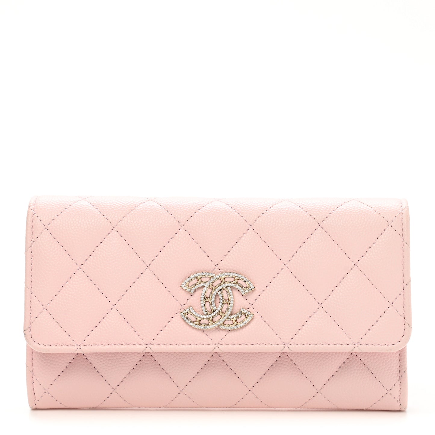 Caviar Quilted Crystal CC Large Gusset Flap Wallet Pink