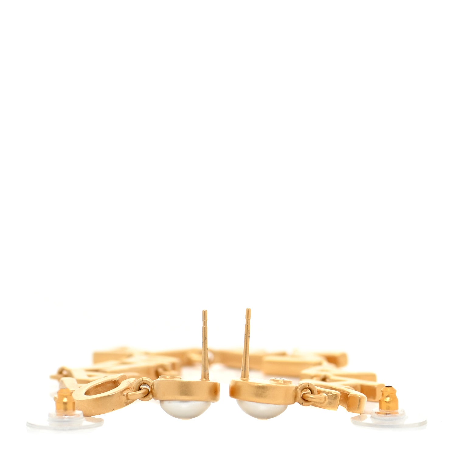 Chanel Crystal Pearl Logo Drop Earrings Gold 3 of 5