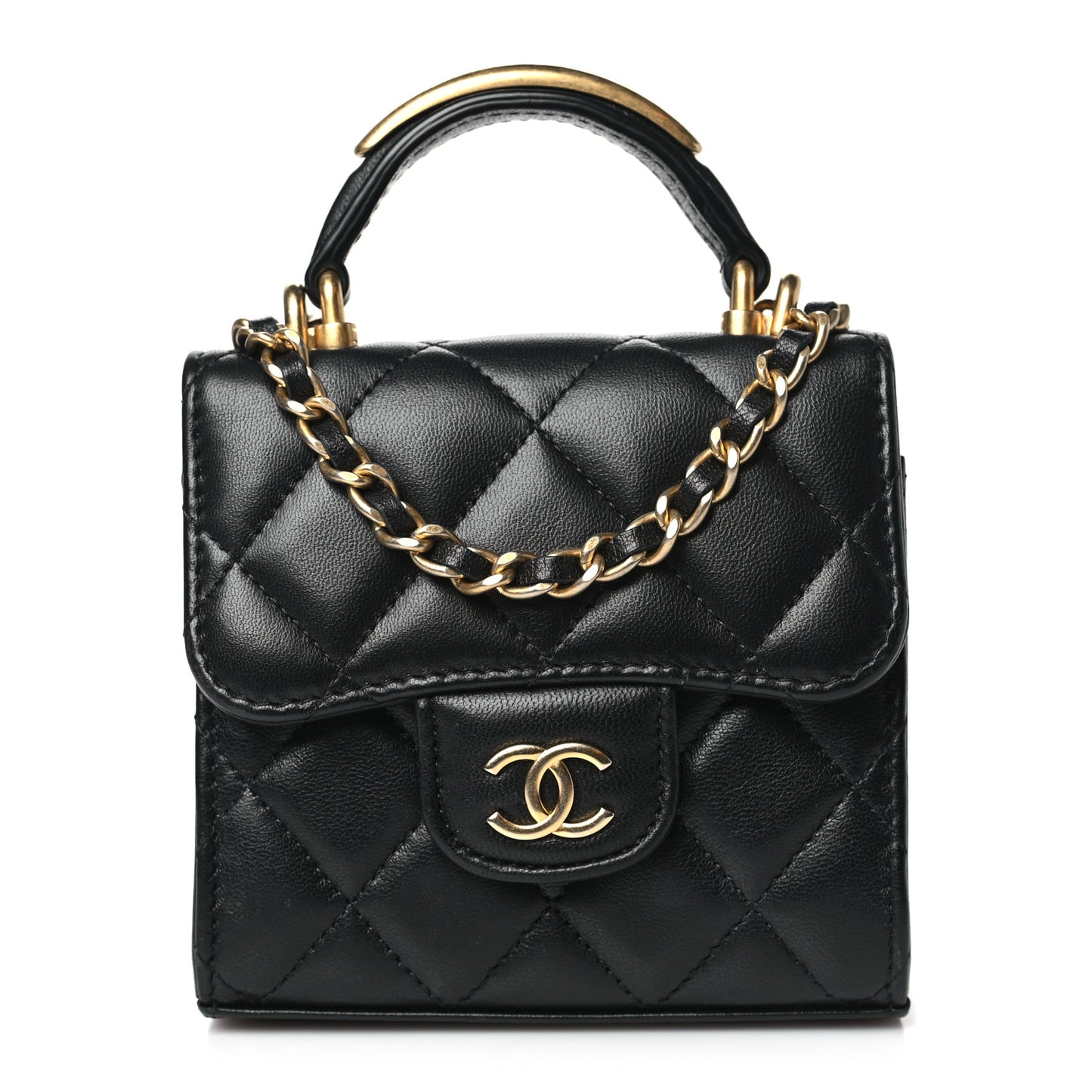 Lambskin Quilted Metal Top Handle Flap Clutch With Chain Black Black