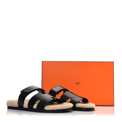 Hermes Veau Indios Woolskin Mens Chypre Sandals 45 Black Ecru 8 of 8