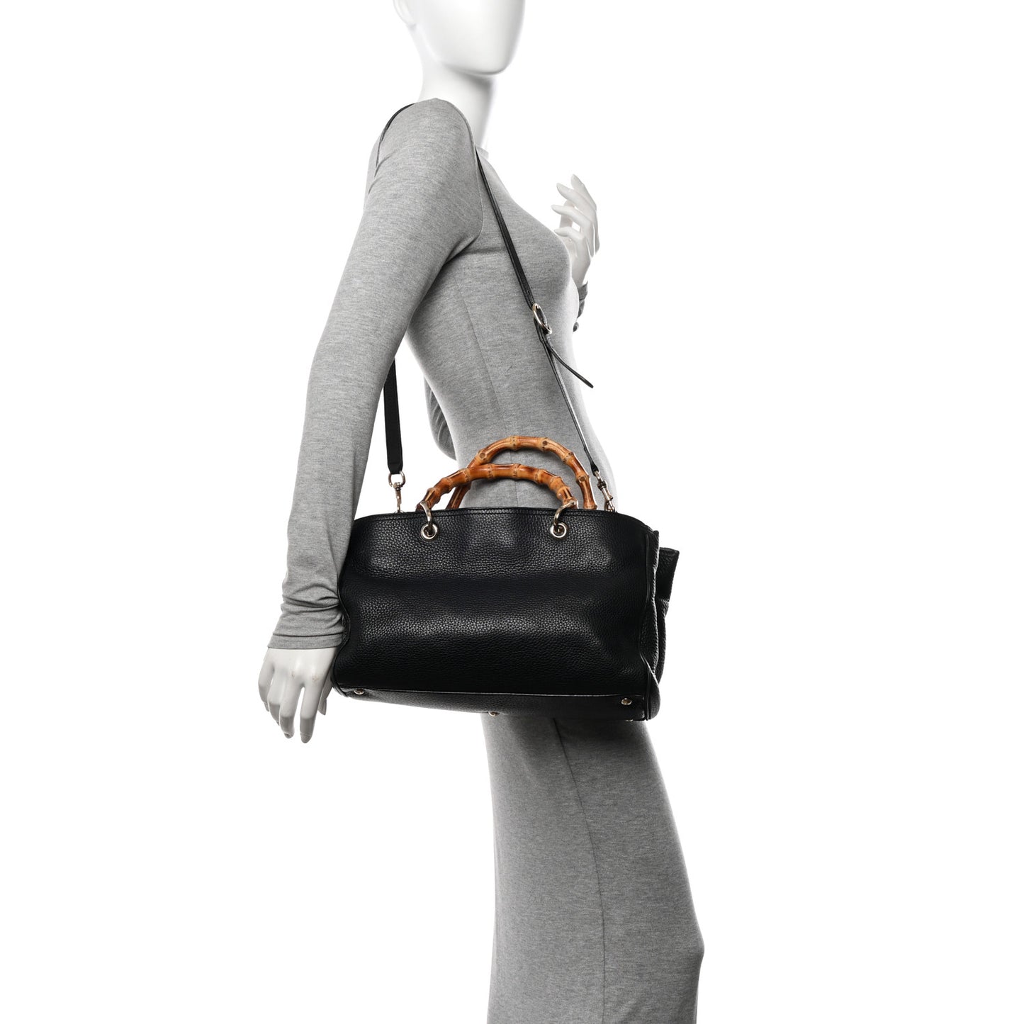 Pebbled Calfskin Medium Bamboo Shopper Tote Black