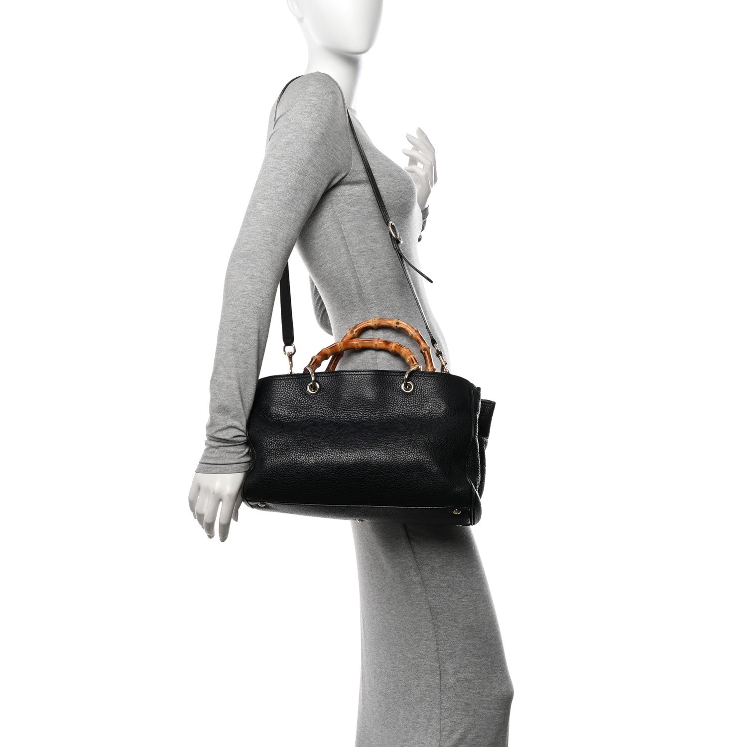 Gucci Pebbled Calfskin Medium Bamboo Shopper Tote Black 2 of 12