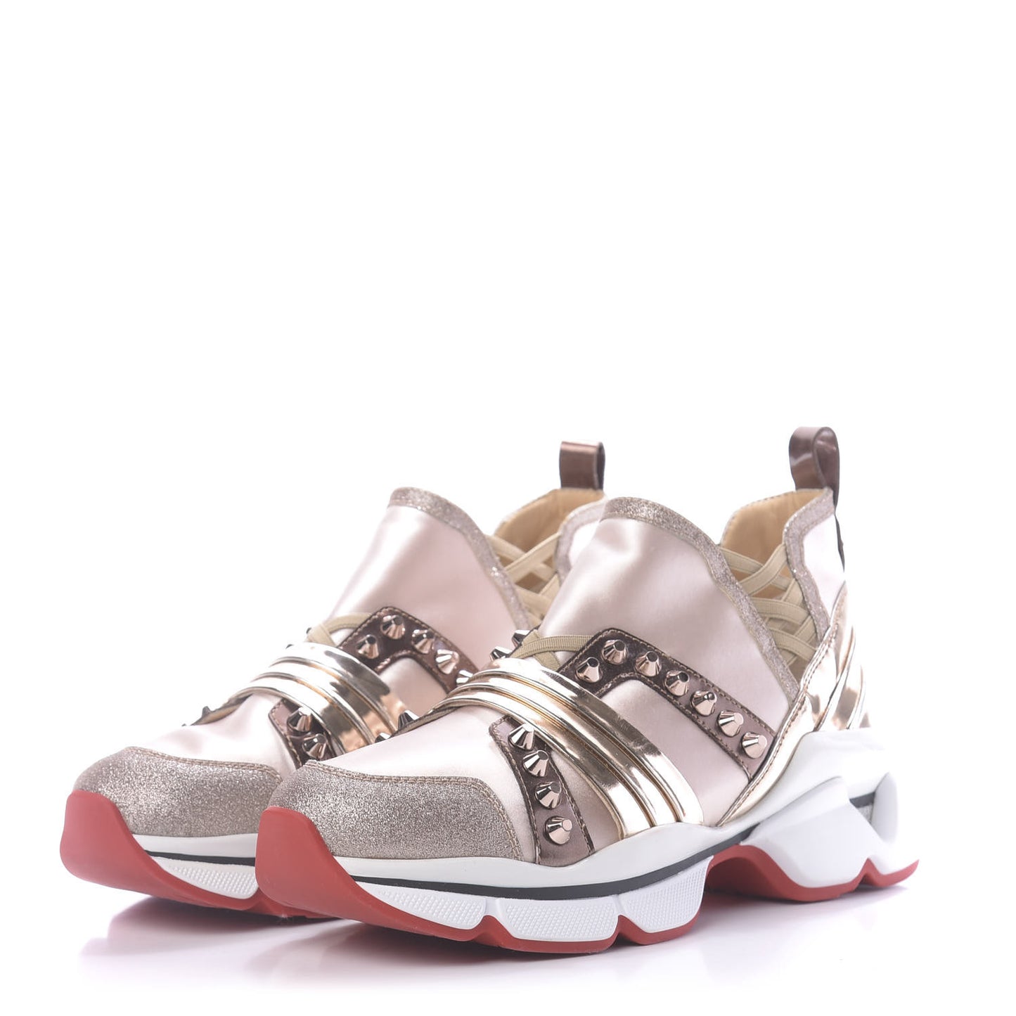 Satin Metallic Calfskin Glitter Specchio Studded 123 Run Flat Sneakers 37 Nude