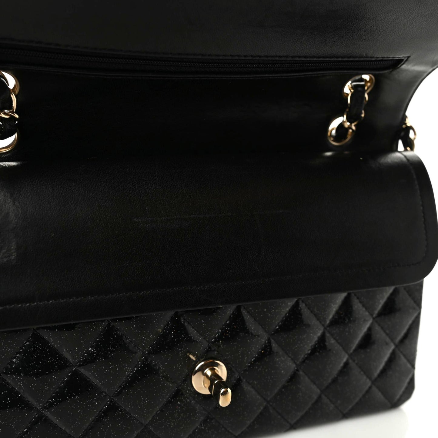 Patent Quilted Sparkle Glitter Medium Double Flap Black