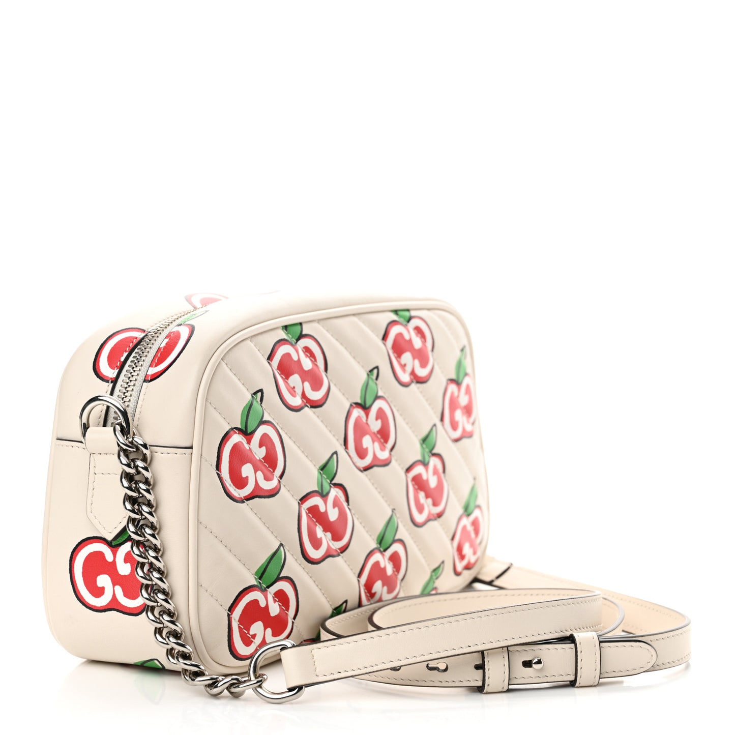 Calfskin Matelasse Diagonal GG Apple Small GG Marmont Chain Shoulder Bag Ivory