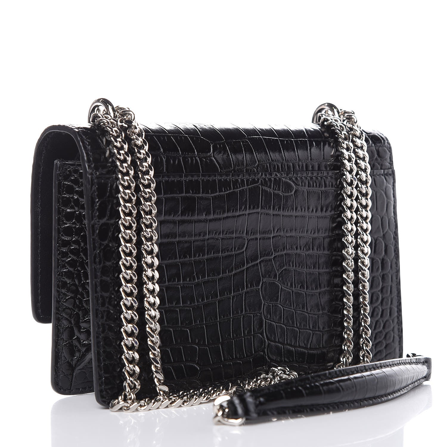 Saint Laurent Calfskin Crocodile Embossed Monogram Sunset Chain Wallet Black 3 of 10