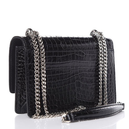 Saint Laurent Calfskin Crocodile Embossed Monogram Sunset Chain Wallet Black 3 of 10