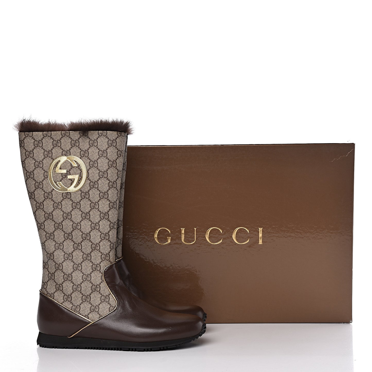 GG Plus Monogram Knee High Boots 38 Beige Ebene