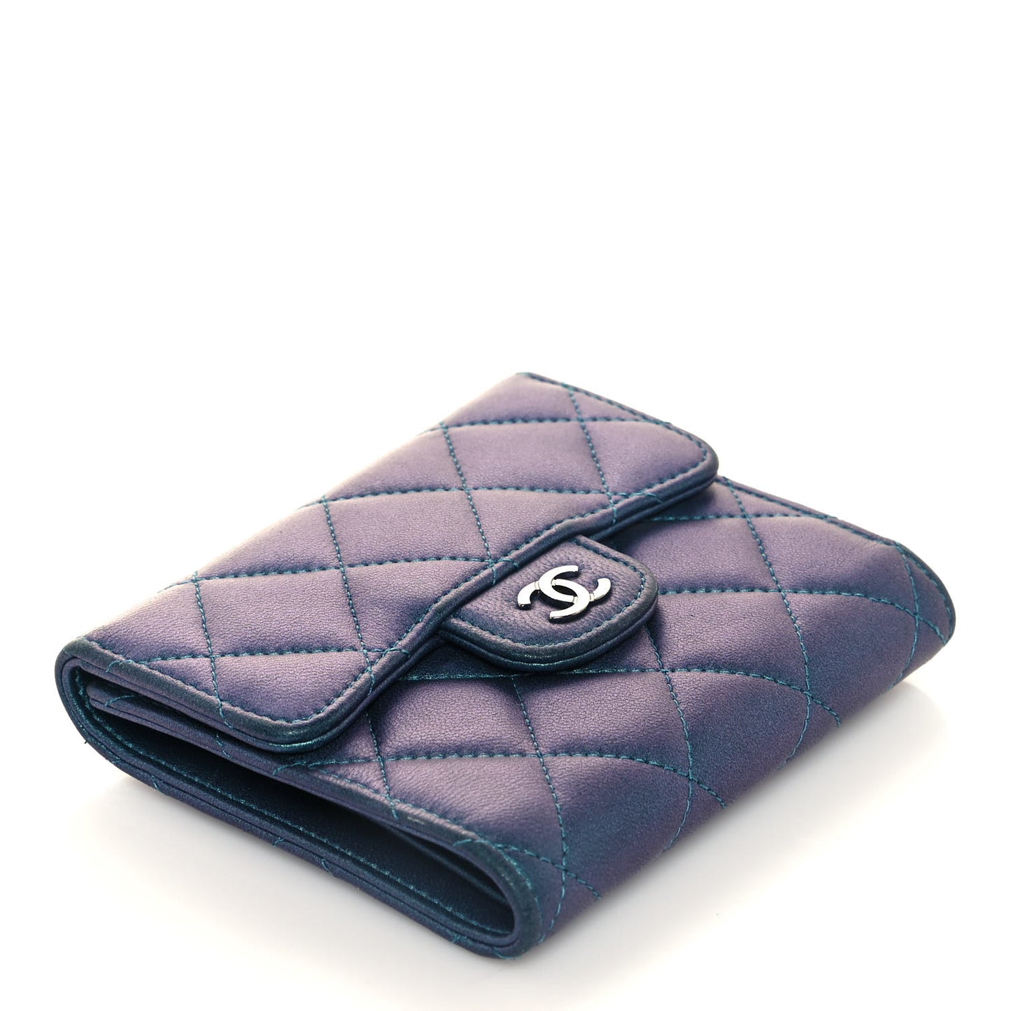 Metallic Lambskin Quilted Compact Flap Wallet Turquoise