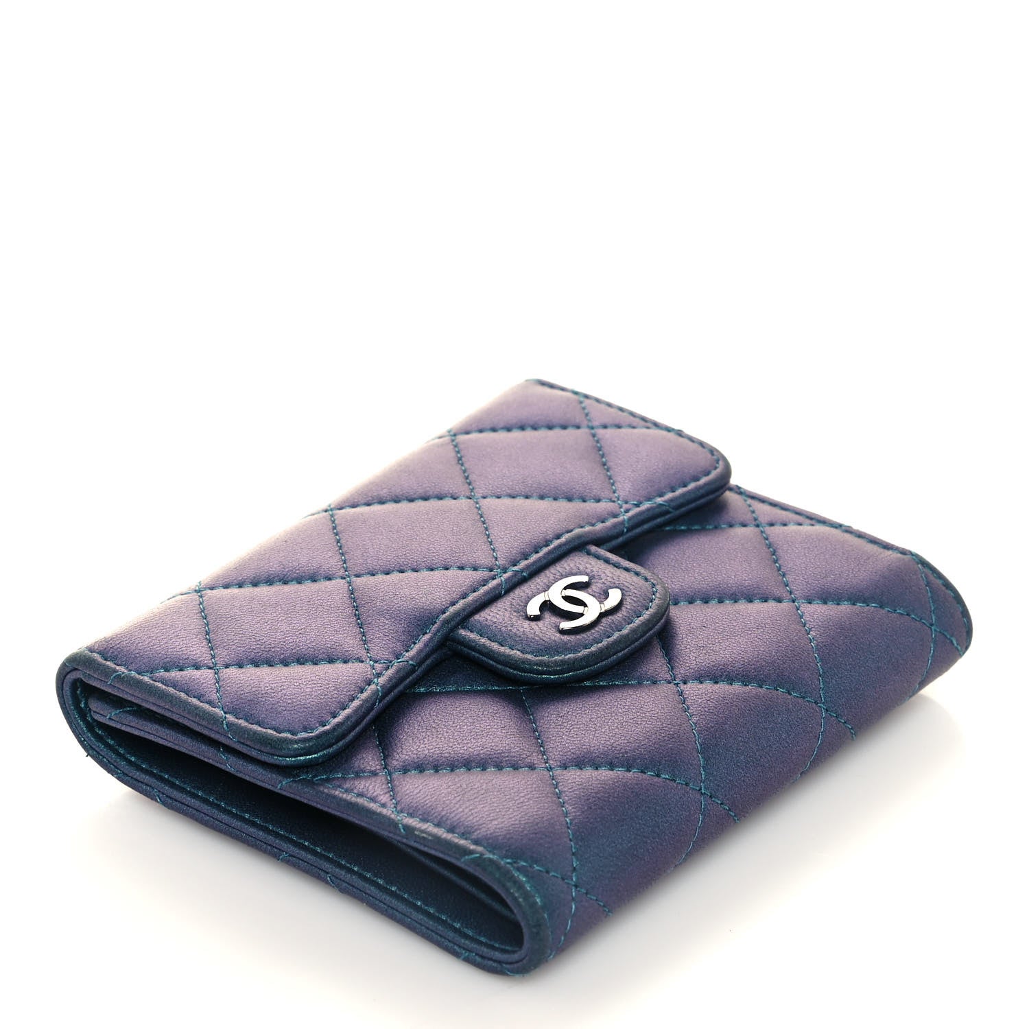 Chanel Metallic Lambskin Quilted Compact Flap Wallet Turquoise 4 of 15