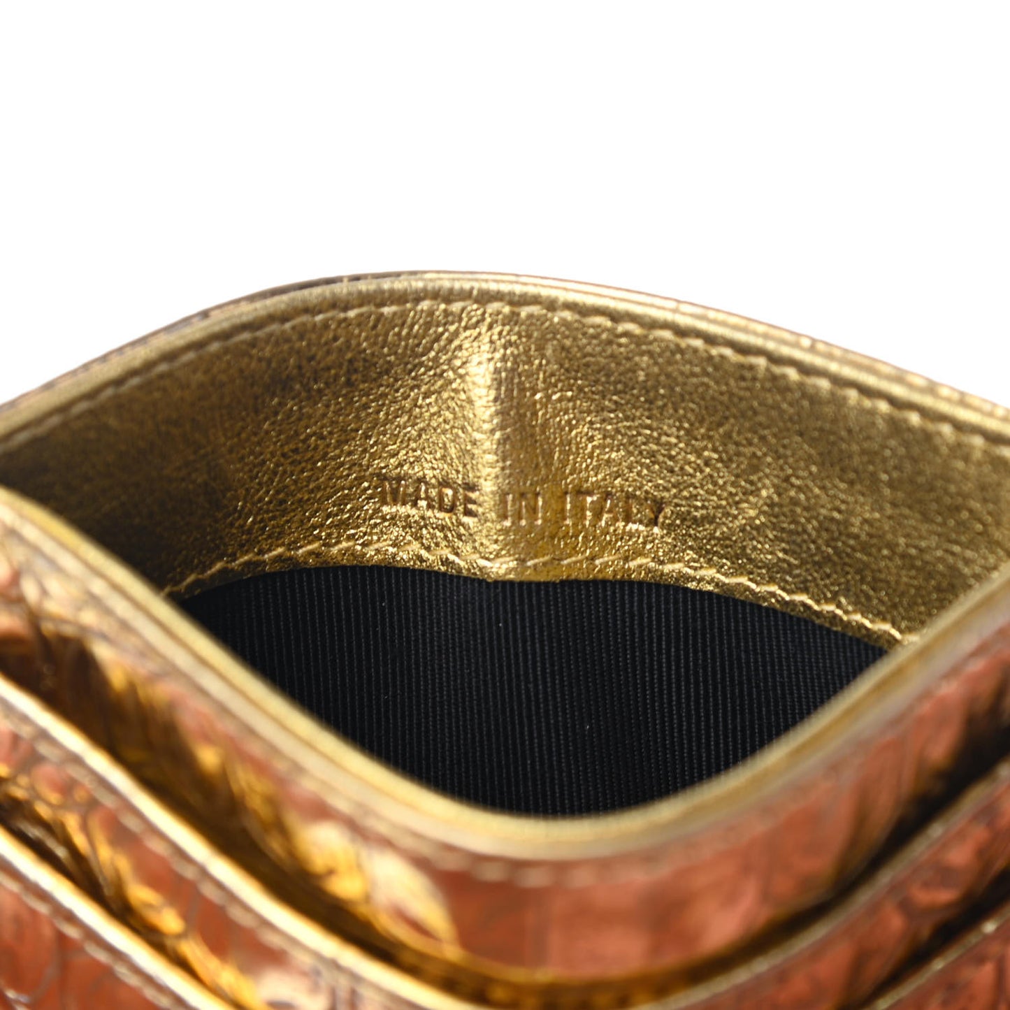 Metallic Calfskin Crocodile Embossed Cocodile Card Holder Gold