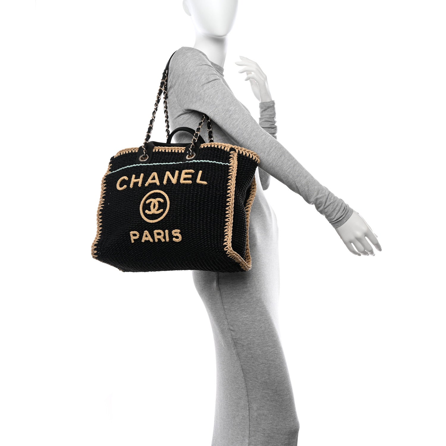 Chanel Cotton Crochet Large Deauville Tote Black Beige 2 of 10