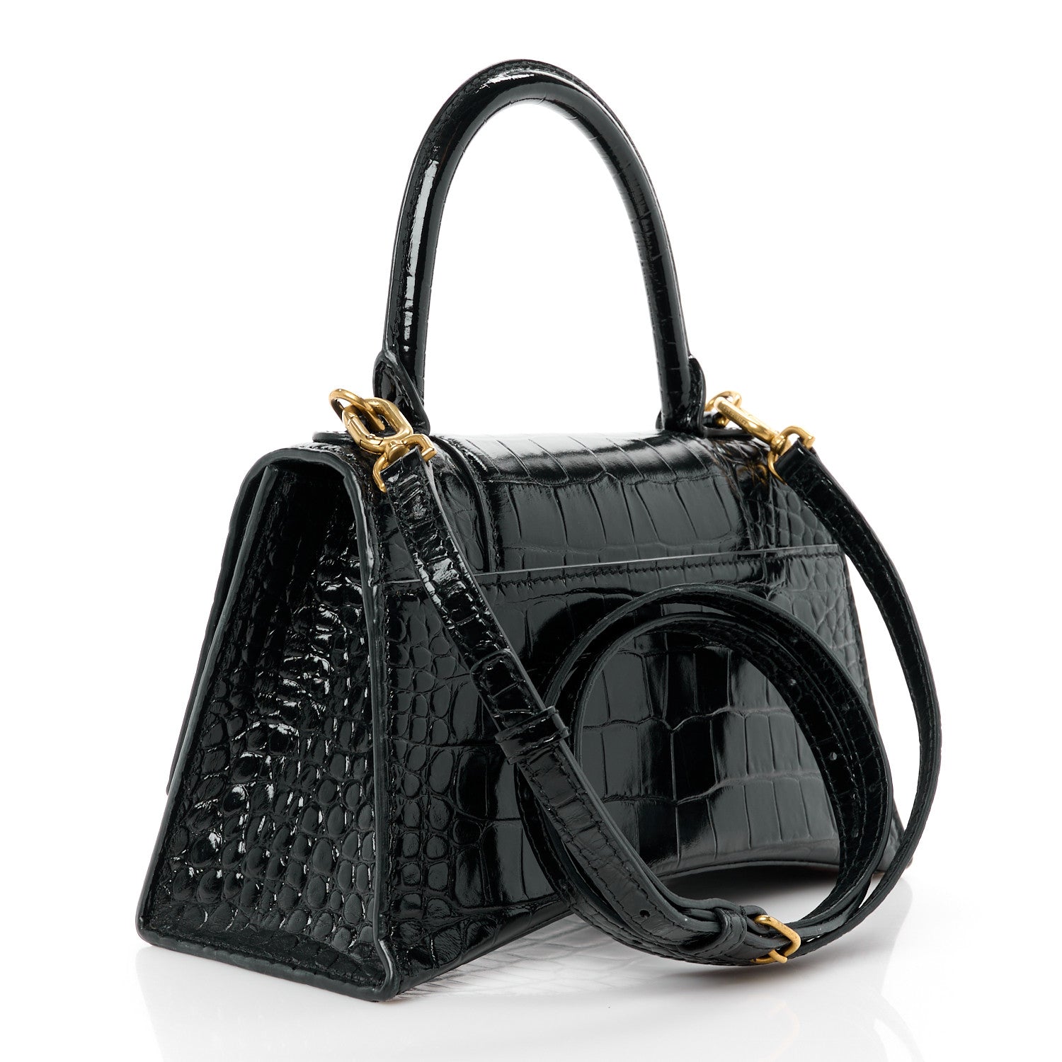 Balenciaga Shiny Calfskin Crocodile Embossed Small Hourglass Top Handle Bag Black 3 of 13