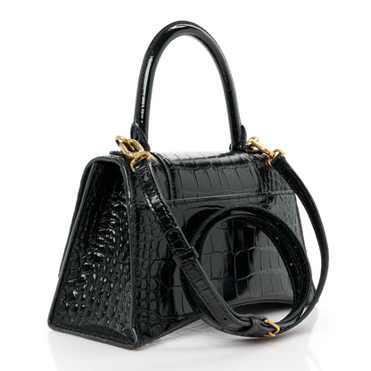 Balenciaga Shiny Calfskin Crocodile Embossed Small Hourglass Top Handle Bag Black 3 of 13