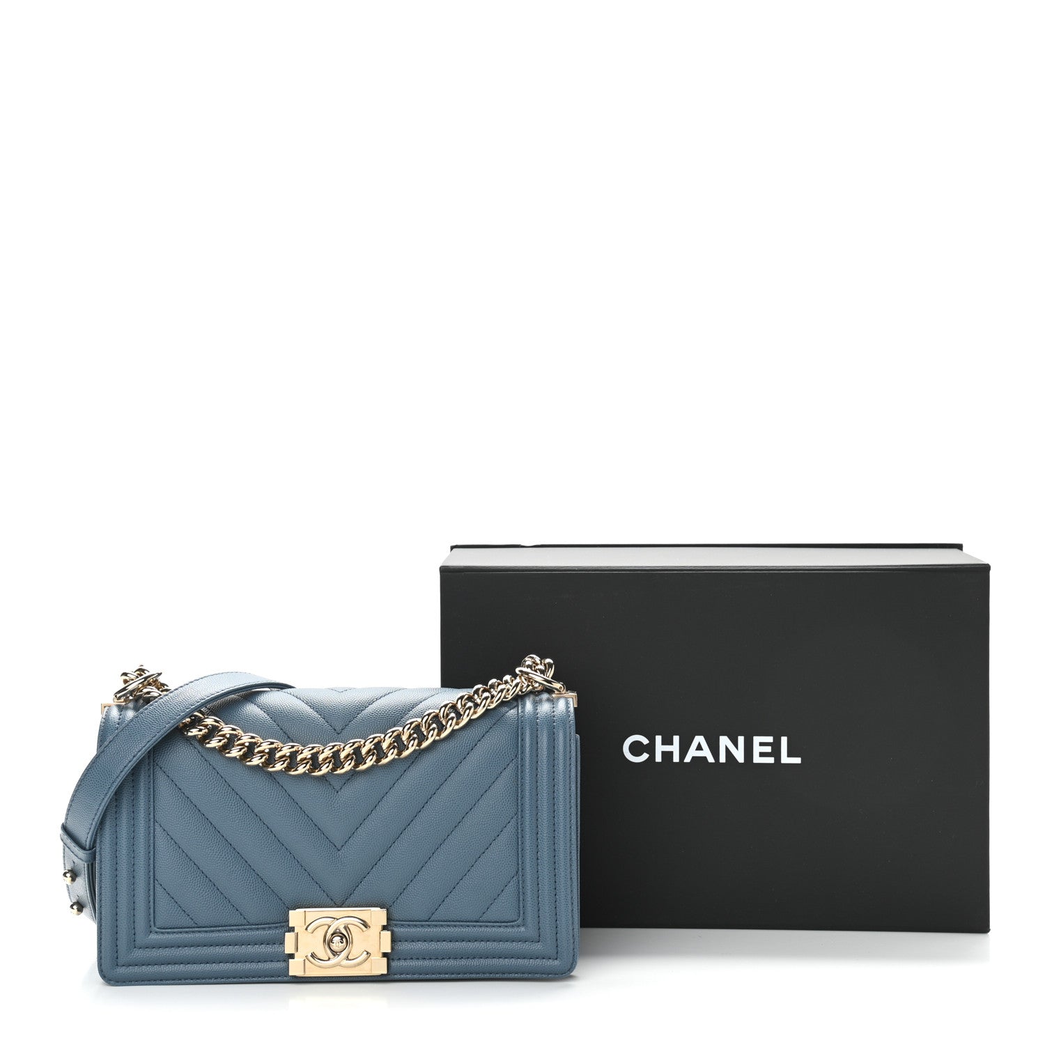 Chanel Caviar Chevron Quilted Medium Boy Flap Blue 11 of 11