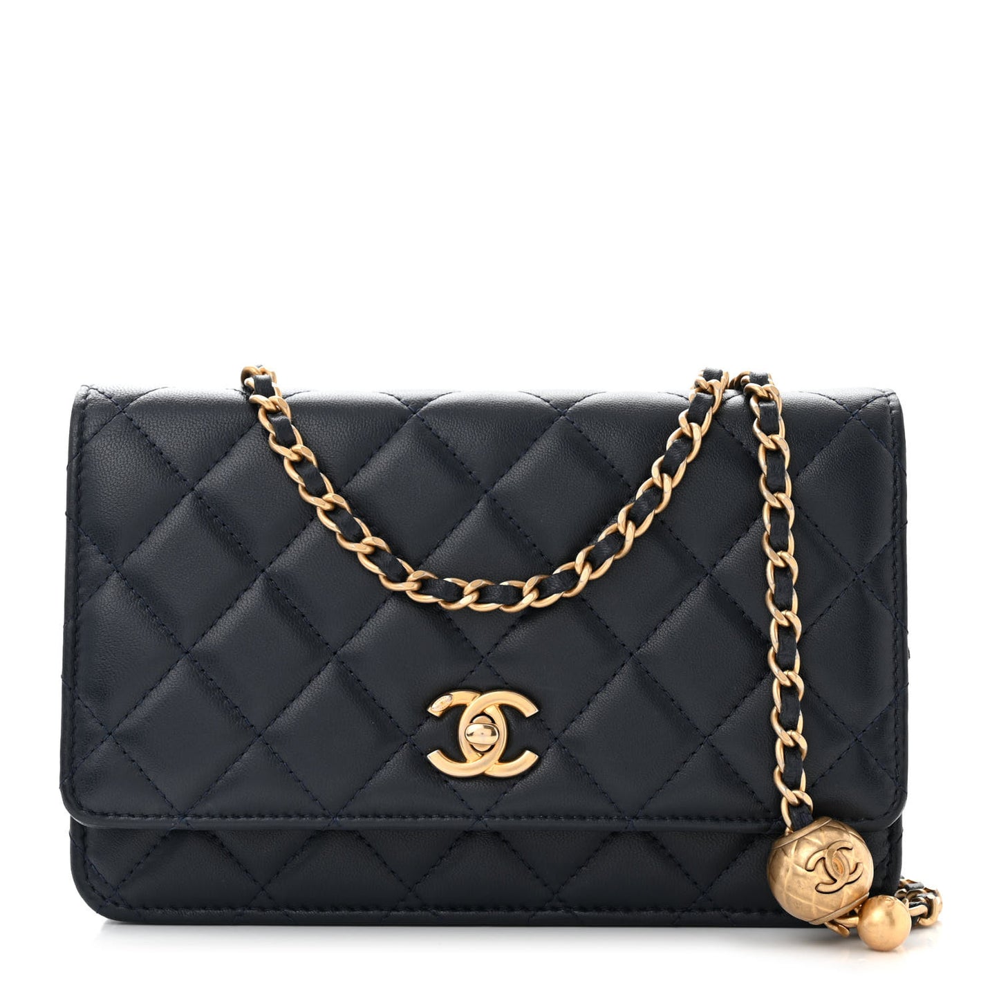 Lambskin Quilted Pearl Crush Wallet on Chain WOC Navy