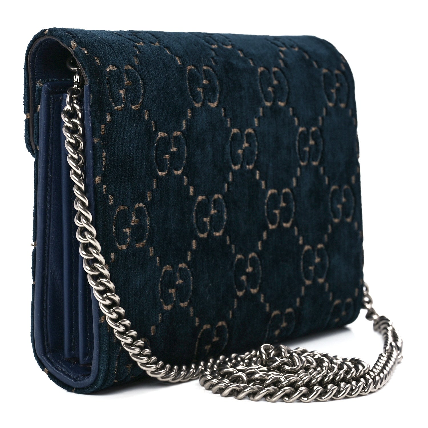 Gucci Velvet GG Monogram Mini Dionysus Chain Wallet Blue Beige Black 3 of 11