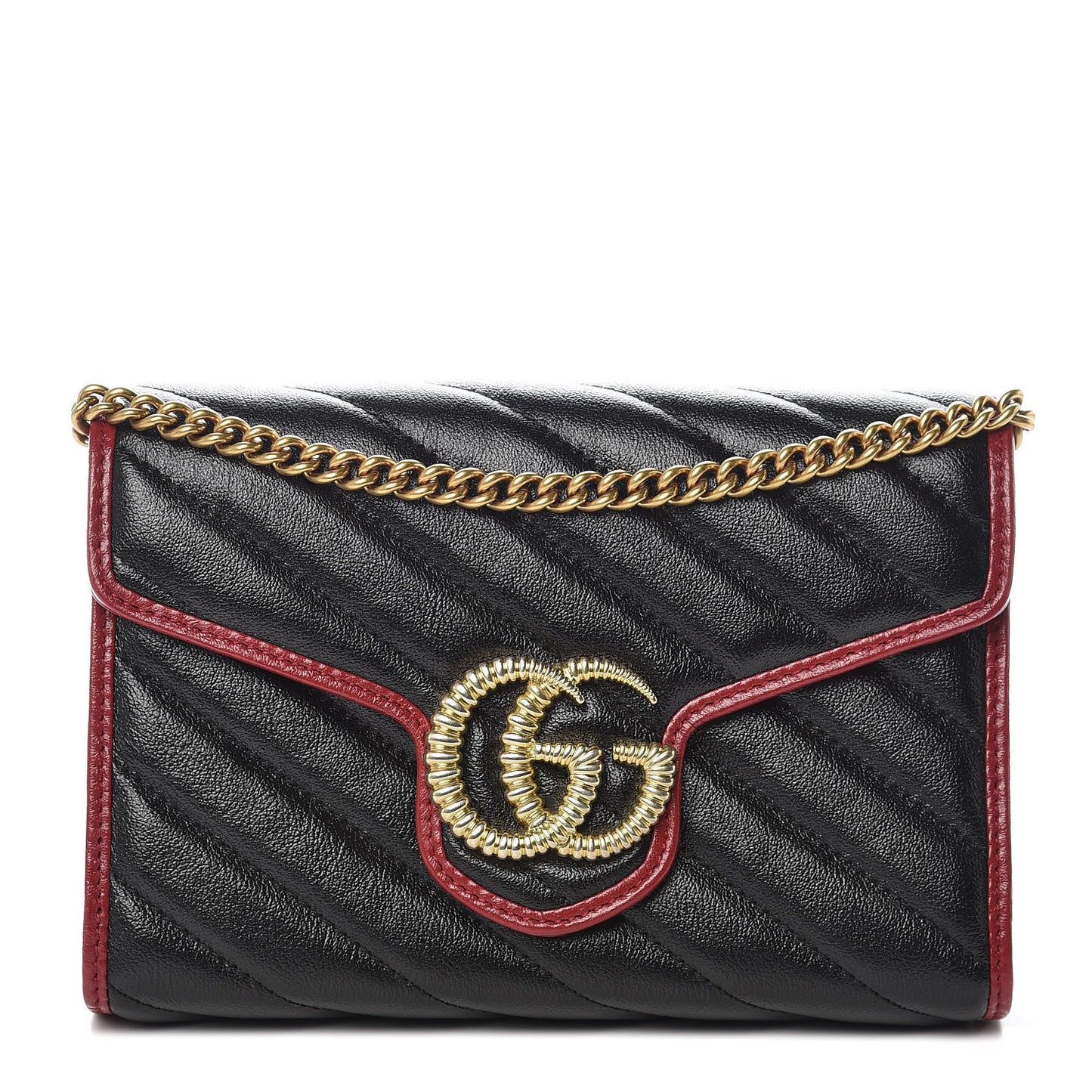 Vintage Effect Calfskin Matelasse Diagonal Torchon GG Marmont Chain Wallet Black Romantic Cherry