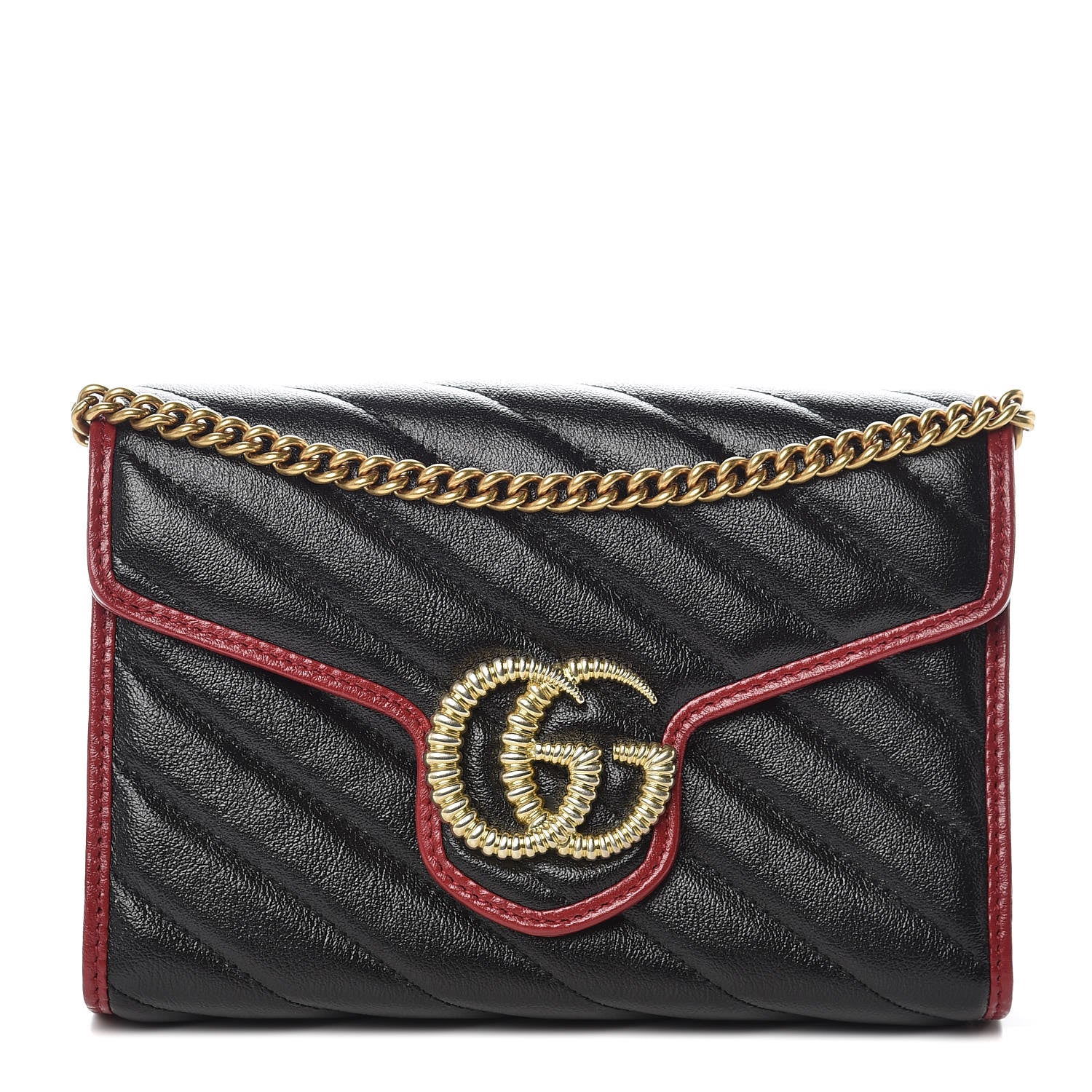 Gucci Vintage Effect Calfskin Matelasse Diagonal Torchon GG Marmont Chain Wallet Black Romantic Cherry 1 of 10