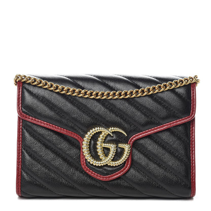 Gucci Vintage Effect Calfskin Matelasse Diagonal Torchon GG Marmont Chain Wallet Black Romantic Cherry 1 of 10