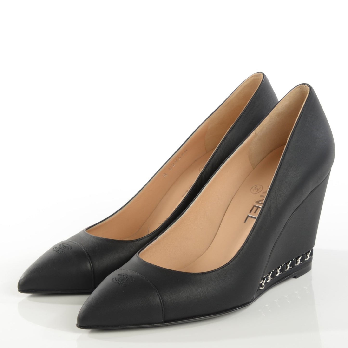 Calfskin Cap Toe Chain Wedge Pumps 37 Black