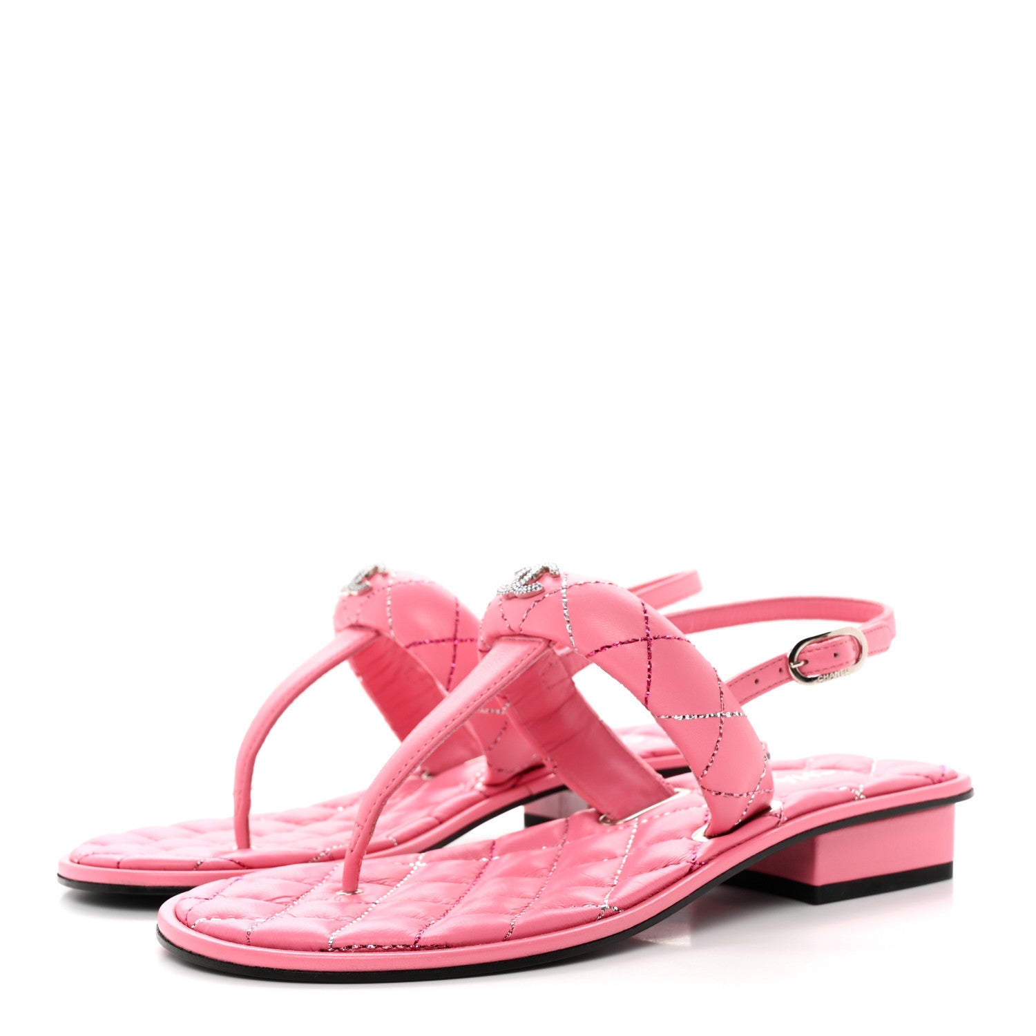 Chanel Lambskin Crystal Stitched CC Thong Sandals 35 Pink 3 of 12