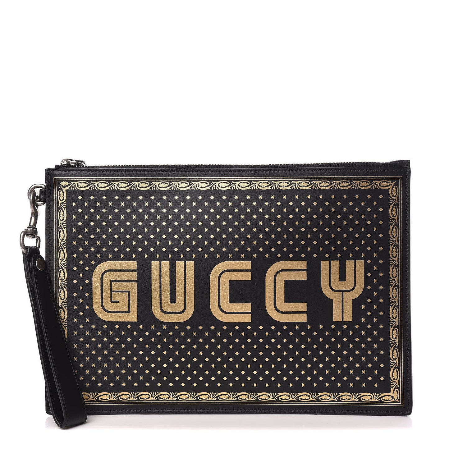 X SEGA Calfskin GUCCY Stars Zip Wristlet Pouch Black Gold