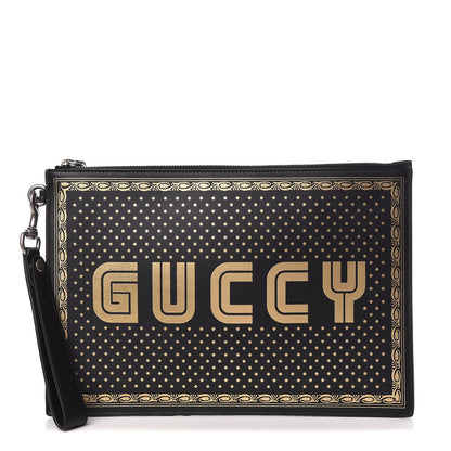 Gucci X SEGA Calfskin GUCCY Stars Zip Wristlet Pouch Black Gold 1 of 11