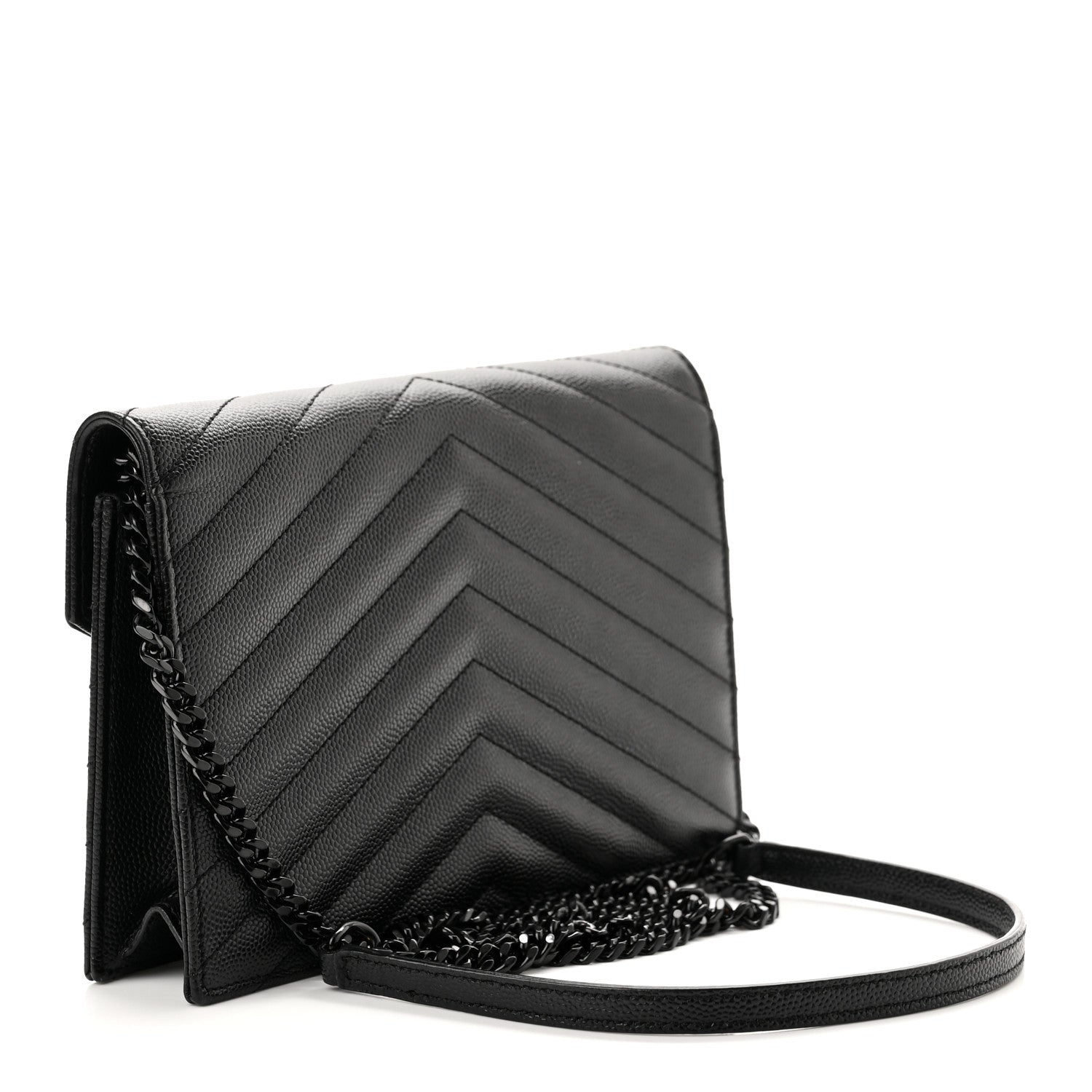 Saint Laurent Grain De Poudre Matelasse Chevron Monogram Monochrome Envelope Chain Wallet Black 2 of 9