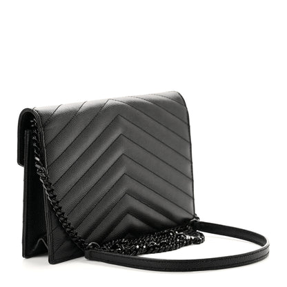 Saint Laurent Grain De Poudre Matelasse Chevron Monogram Monochrome Envelope Chain Wallet Black 2 of 9