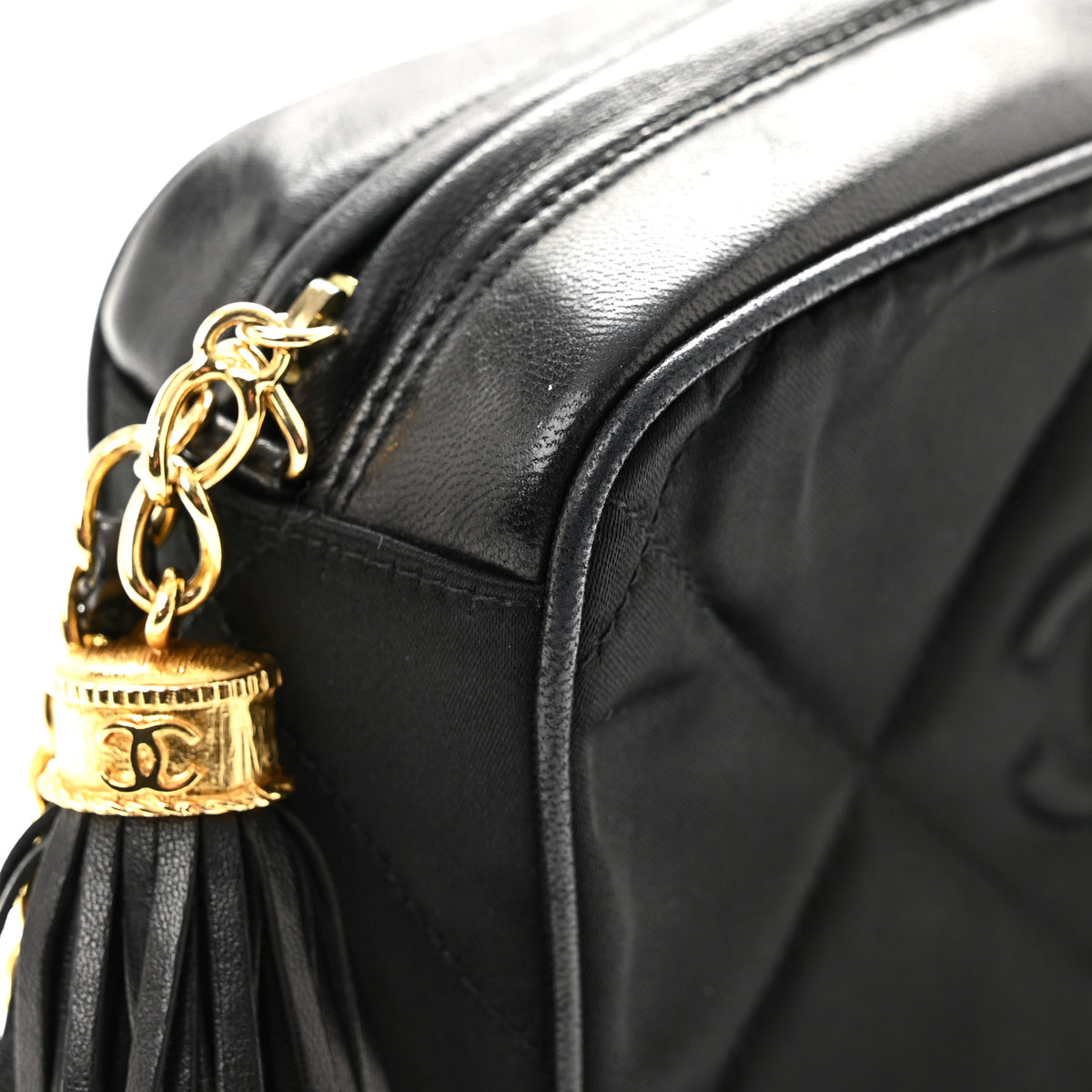 Satin Quilted Tassel Camera Case Black