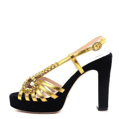 Gucci Velvet Nappa Crystal Zephyra Slingback Platform High Heel Sandals 37.5 Black Gold 1 of 10