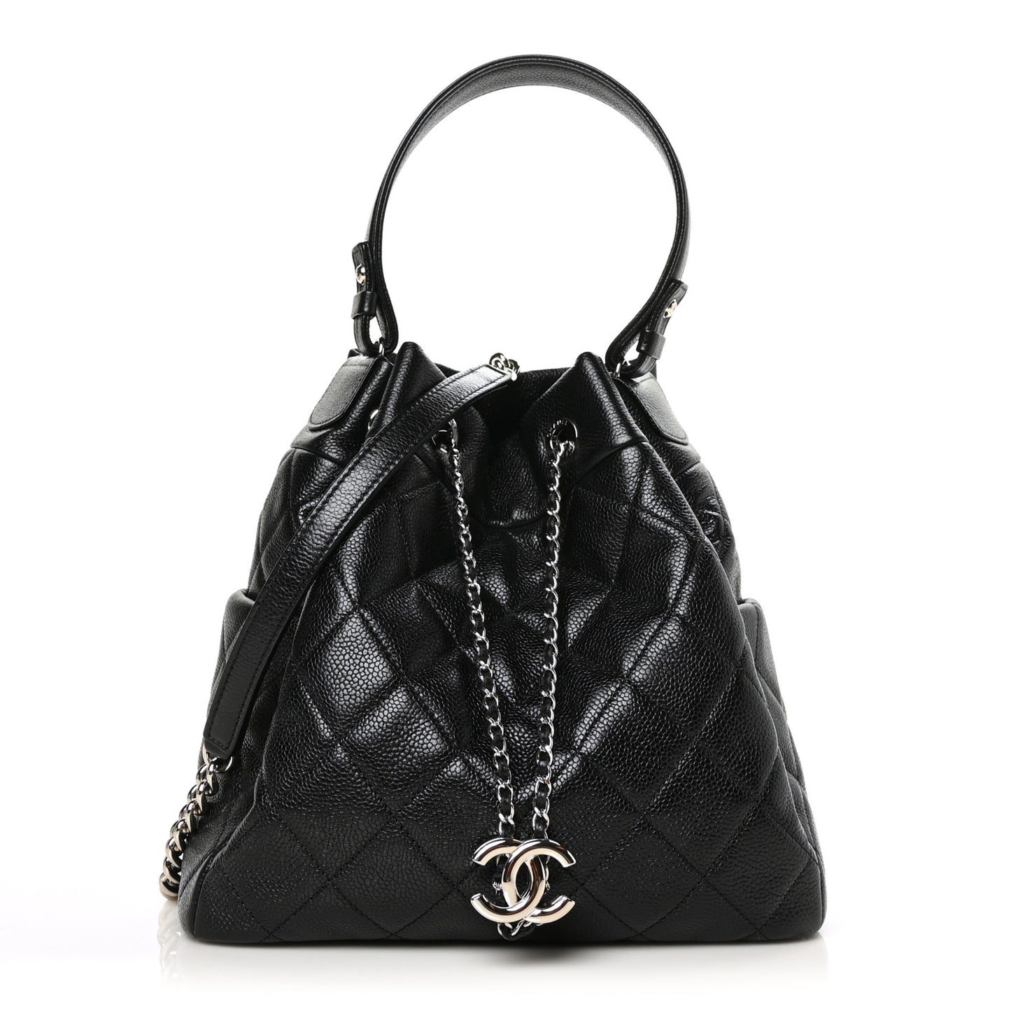 Caviar Flat Quilted CC Chain Bucket Drawstring Bag Black
