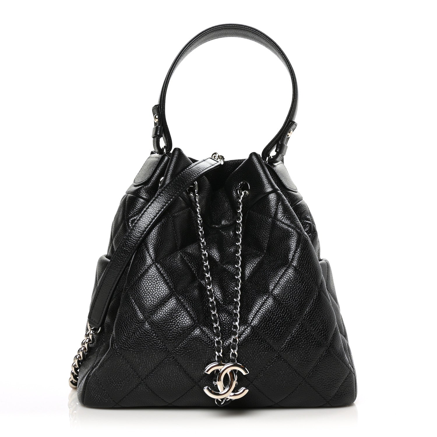 Chanel Caviar Flat Quilted CC Chain Bucket Drawstring Bag Black 1 of 12