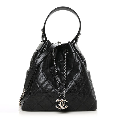 Chanel Caviar Flat Quilted CC Chain Bucket Drawstring Bag Black 1 of 12