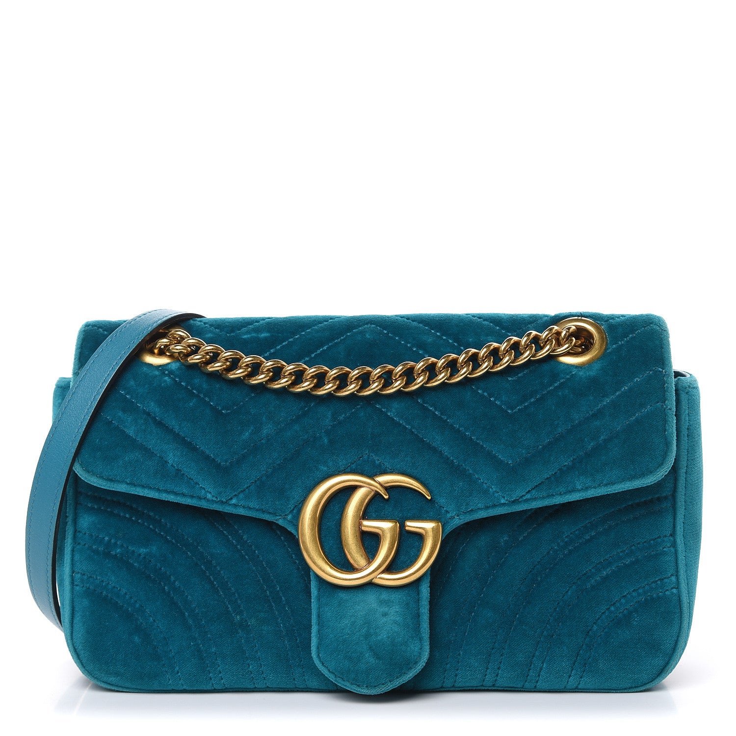 Gucci Velvet Matelasse Small GG Marmont Shoulder Bag Pavone Cyan 1 of 16