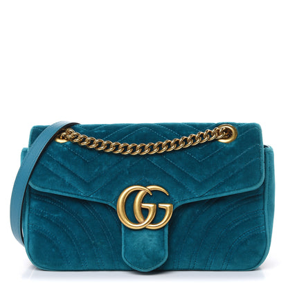 Gucci Velvet Matelasse Small GG Marmont Shoulder Bag Pavone Cyan 1 of 16