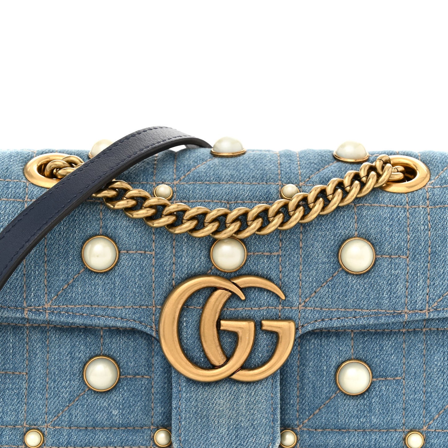 Denim Matelasse Pearl Studded Mini GG Marmont Shoulder Bag Blue