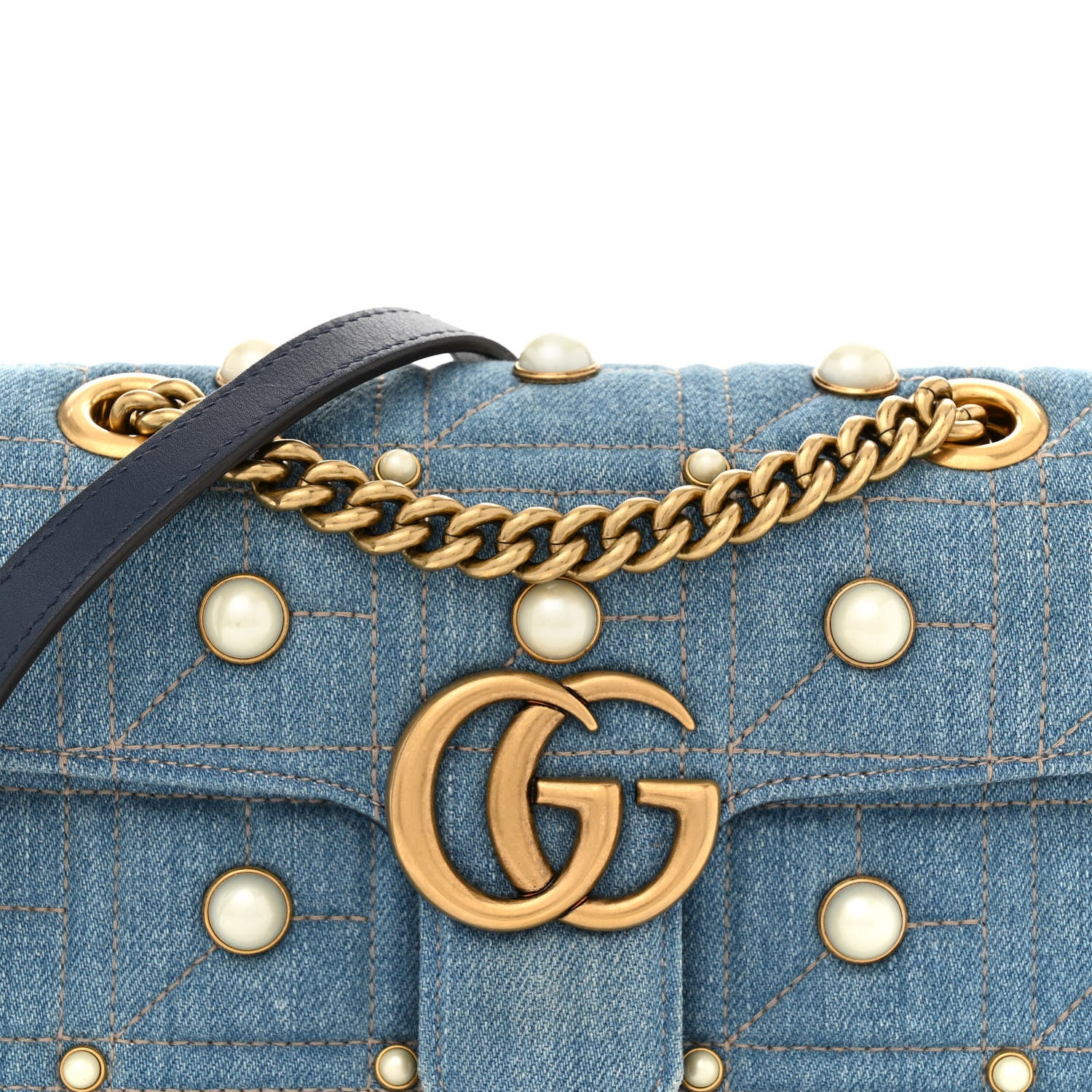 Gucci Denim Matelasse Pearl Studded Mini GG Marmont Shoulder Bag Blue 8 of 12
