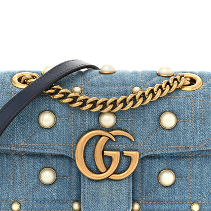 Gucci Denim Matelasse Pearl Studded Mini GG Marmont Shoulder Bag Blue 8 of 12